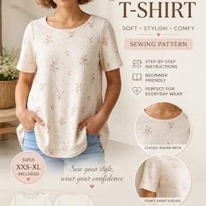 Soft Tee Sewing Pattern PDF | Women's T-Shirt Pattern XXS-XL | Beginner Sewing Pattern | Digital Download | Classic Tee Pattern