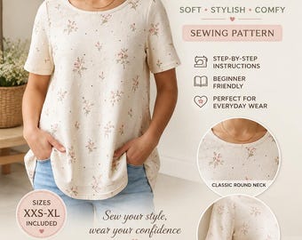Soft Tee Sewing Pattern PDF | Women's T-Shirt Pattern XXS-XL | Beginner Sewing Pattern | Digital Download | Classic Tee Pattern