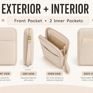 May include: A beige wristlet pouch featuring a front pocket, a back pocket, and two inner pockets. The side view shows a 2.5 cm gusset. The text reads EXTERIOR + INTERIOR, Front Pocket, 2 Inner Pockets, FRONT VIEW, SIDE VIEW, OPEN VIEW, and BACK VIEW.