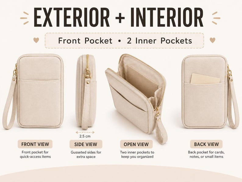May include: A beige wristlet pouch featuring a front pocket, a back pocket, and two inner pockets. The side view shows a 2.5 cm gusset. The text reads EXTERIOR + INTERIOR, Front Pocket, 2 Inner Pockets, FRONT VIEW, SIDE VIEW, OPEN VIEW, and BACK VIEW.