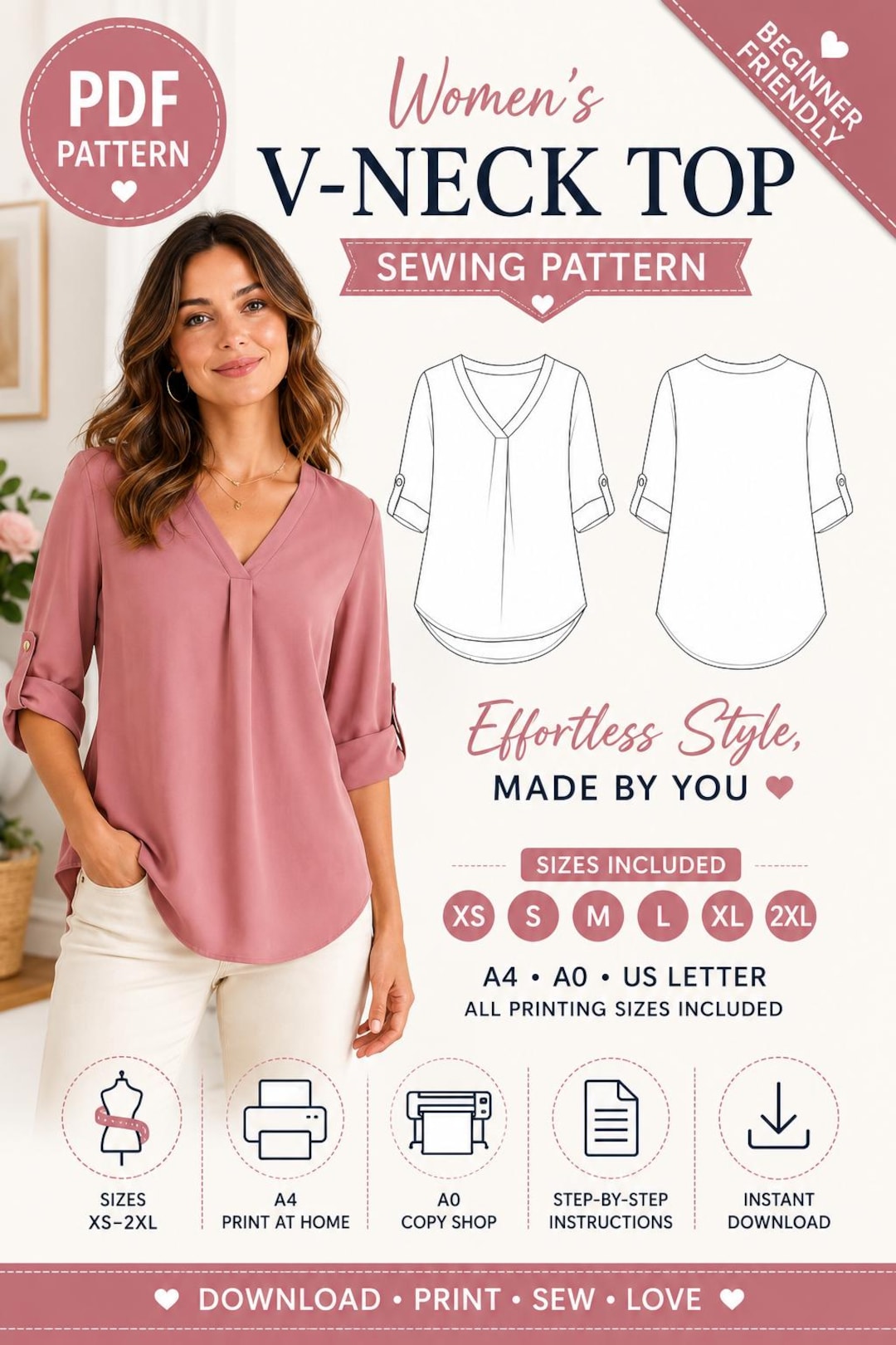 Women’s V Neck Top Sewing Pattern | Casual Loose Blouse PDF | Roll up ...