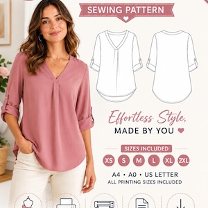 Molde em PDF para blusa feminina com decote em V e mangas dobráveis.