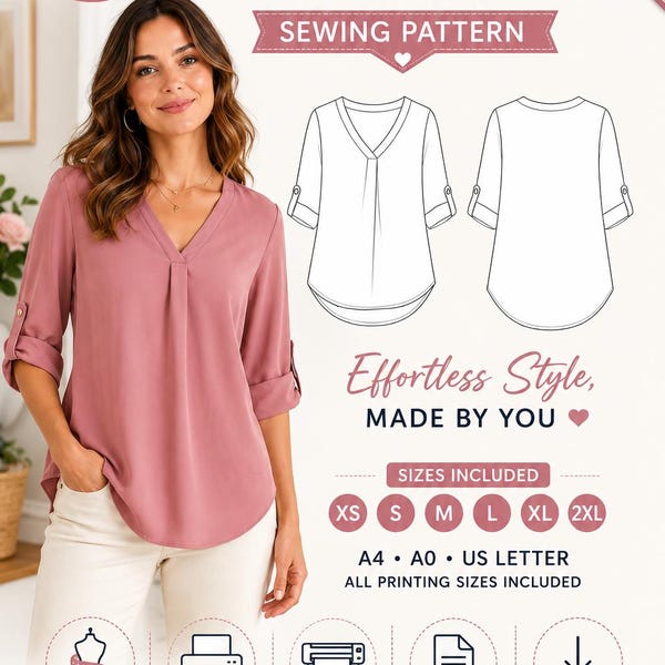 Women’s V Neck Top Sewing Pattern | Casual Loose Blouse PDF | Roll Up Sleeve Shirt Pattern | Instant Download