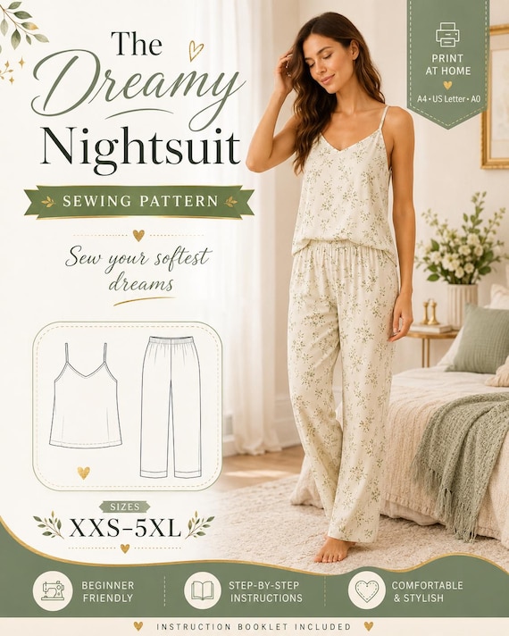 Women's Pajama Set Sewing Pattern PDF, Camisole and Elastic Waist Pants XXS-5XL
