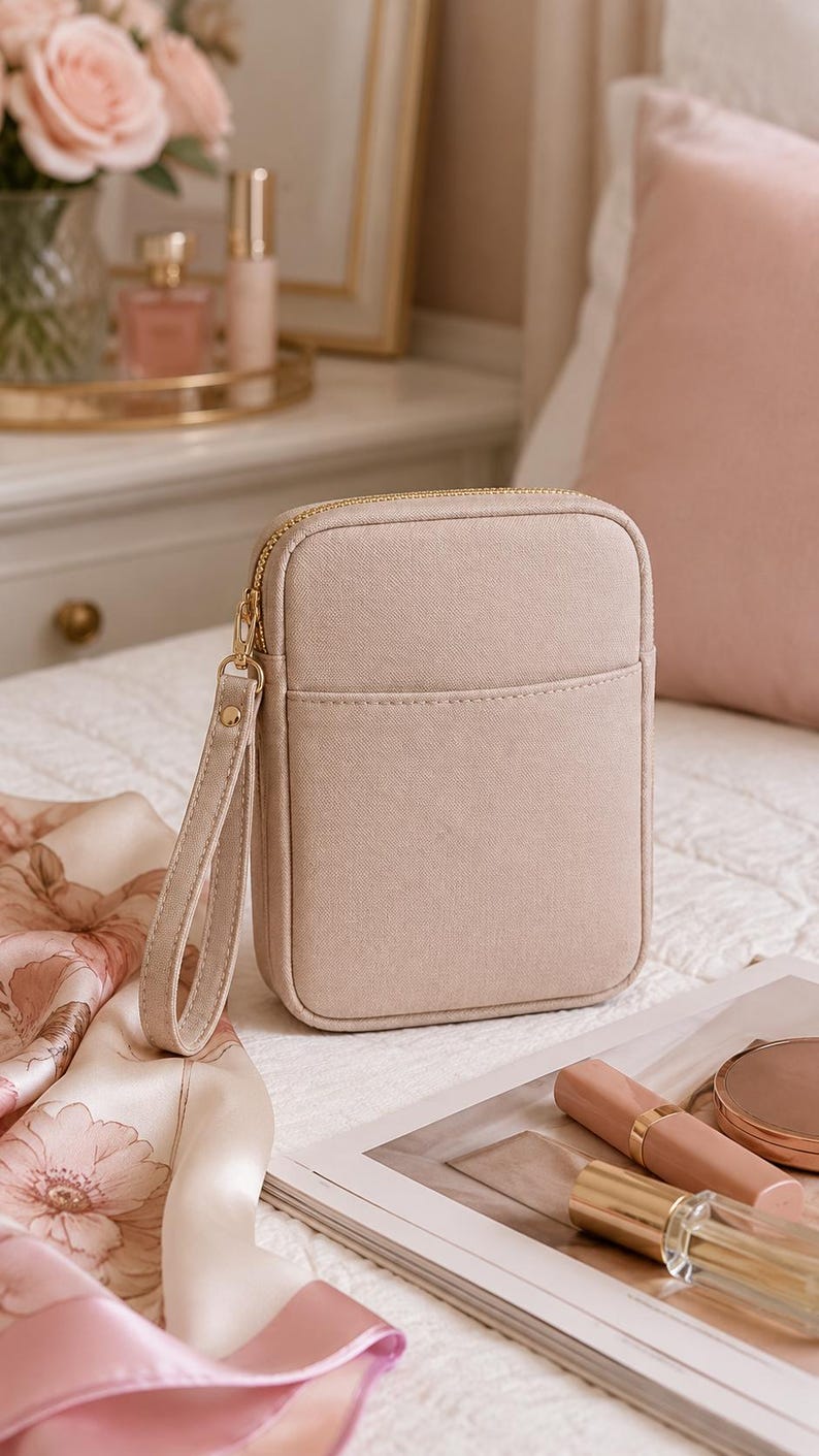 May include: A rectangular beige wristlet pouch with a smooth fabric texture, a gold-toned zipper closure, and a matching wrist strap. The pouch features a front slip pocket and a structured, rounded-edge design, providing a compact storage solution.
