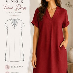 May include: A deep red V-neck tunic dress with short cuffed sleeves and side pockets. The image includes a technical line drawing of the dress, text stating XS - 5XL SIZES, V-NECK Tunic Dress SEWING PATTERN, A0 | A4 | US LETTER PRINT FILES.