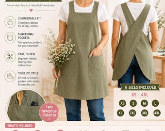 May include: A PDF sewing pattern for a sage green crossback apron featuring two front pockets. The digital download includes instructions for eight sizes ranging from XS to 4XL, with A0, A4, and US Letter print formats for home or shop printing.