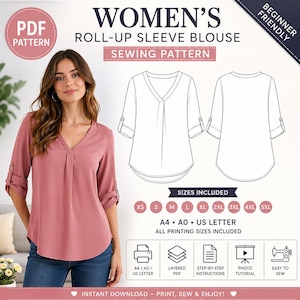 Könnte beinhalten: Eine Frau trägt eine blassrosa Bluse mit hochkrempelbaren Ärmeln. Das Bild zeigt ein Schnittmuster für die Bluse mit Größen von XS bis 5XL. Der Text lautet "Women's Roll-Up Sleeve Blouse Sewing Pattern" und "Beginner Friendly."