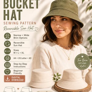 May include: A digital sewing pattern for a reversible bucket hat featuring text including BUCKET HAT SEWING PATTERN, Reversible Sun Hat, Narrow + Wide Brim Options, Sizes M L XL, A4 US Letter A0, Step-by-Step Instructions, and Digital Download.