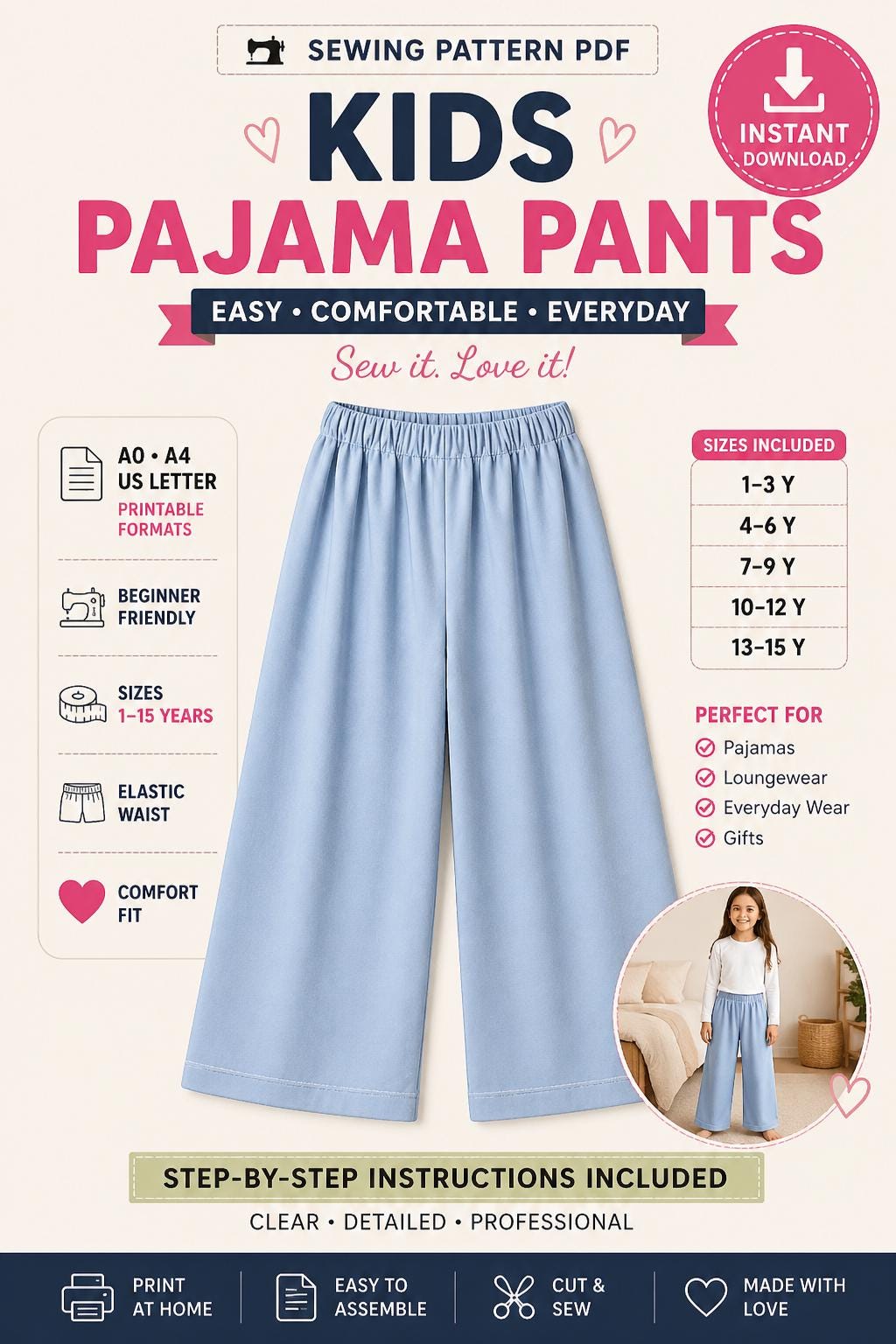 Kids Pajama Pants Sewing Pattern PDF | Easy Elastic Waist Trousers ...