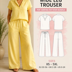 May include: A PDF sewing pattern bundle for a collar top and wide leg trouser set. The image displays a yellow short-sleeved collared shirt and matching wide-leg pants with a drawstring waist, alongside technical line drawings and size range XS-5XL.