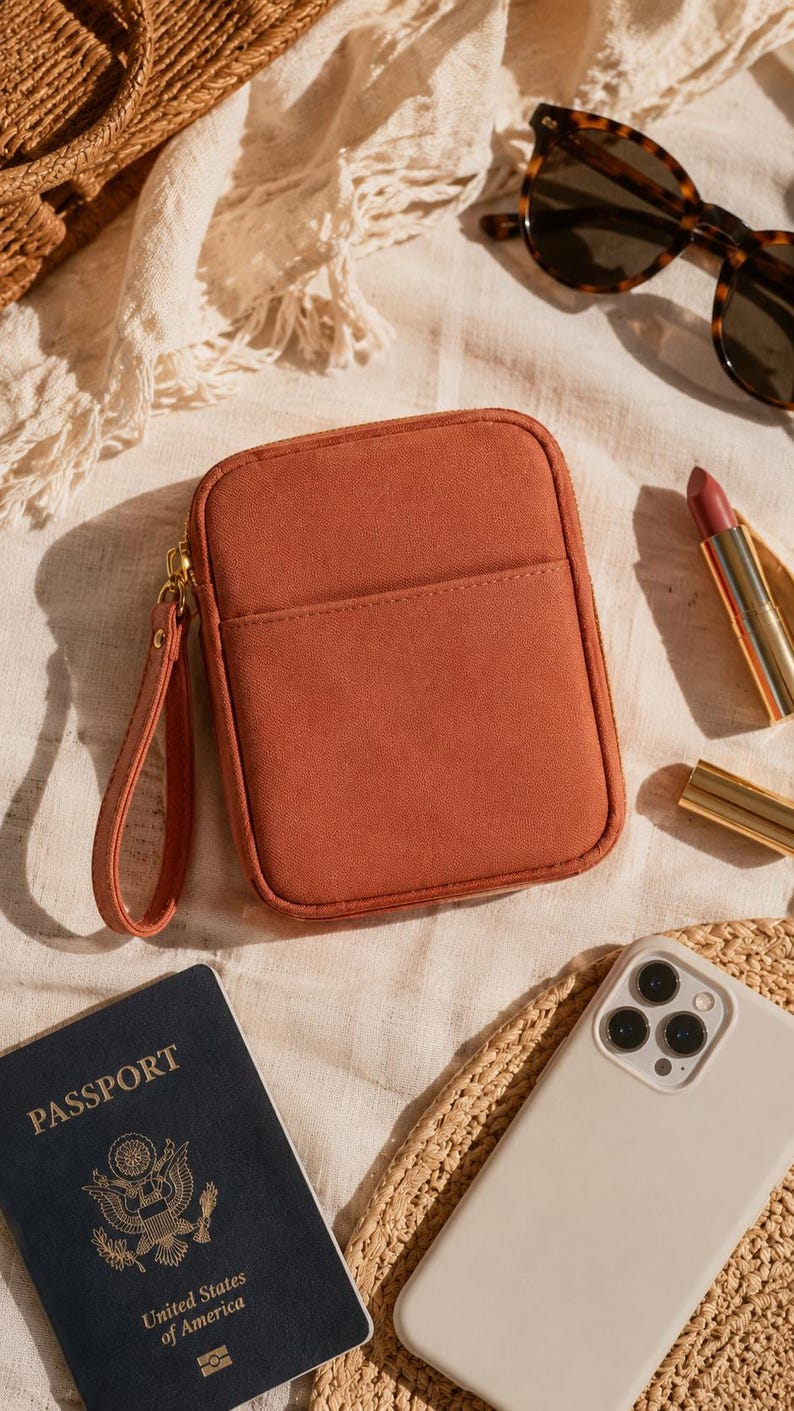 May include: A rectangular, rust-colored zippered pouch with a matching wrist strap. The pouch features a smooth, solid-colored exterior with a single front pocket and a gold-toned zipper closure, designed for carrying small personal items.