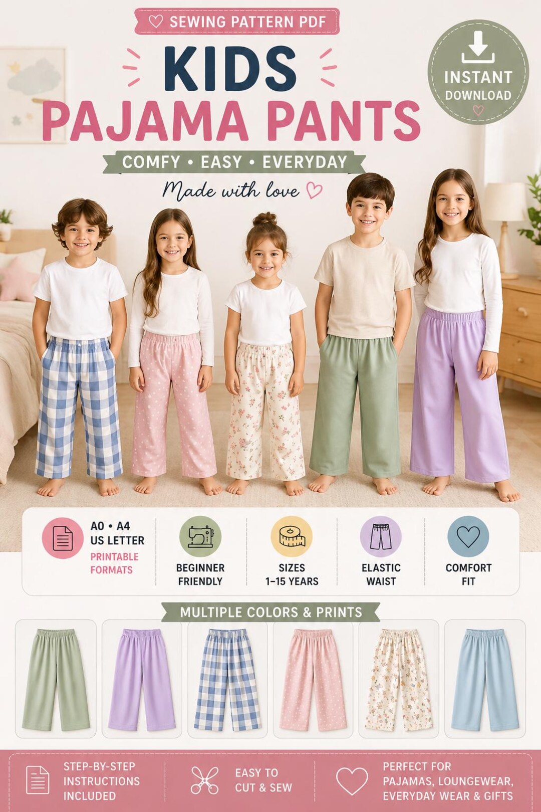 Kids Pajama Pants Sewing Pattern PDF | Easy Elastic Waist Trousers ...