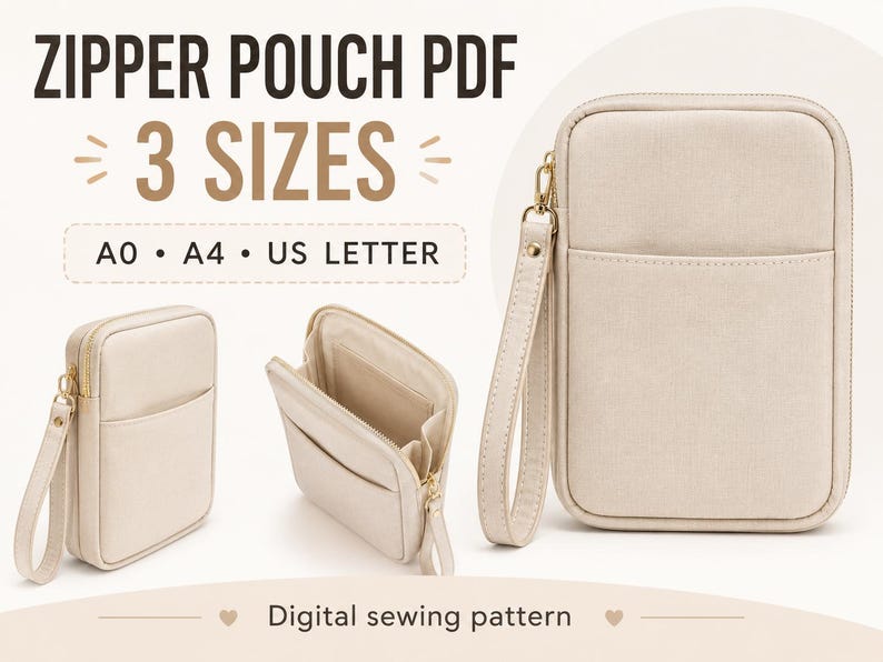 May include: A digital sewing pattern for a zipper pouch in 3 sizes, labeled A0, A4, and US Letter. The image displays three beige fabric pouches with wrist straps, gold-toned zippers, and exterior pockets, showcasing both closed and open views.
