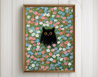 Black Cat Wall Art Printable, Floral Cat Print, Cat Lover Gift, Botanical Wall Decor, Cute Black Cat Poster, Animal Wall Art