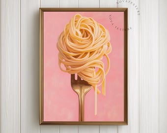 Kitchen Wall Art Printable, Pink Kitchen Decor Print, Minimalist Spaghetti Food Poster, Italian Kitchen Wall Art