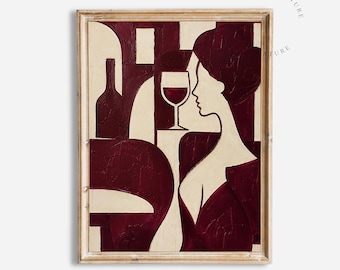 Abstract Wine Wall Art Printable, Burgundy Woman Painting, Modern Wine Lover Decor, Red Wine Artwork