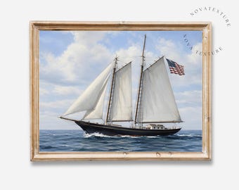 4th of July Ship Print, American Flag Sailboat Wall Art, Patriotic Ocean Painting, Independence Day Decor, Nautical Artwork