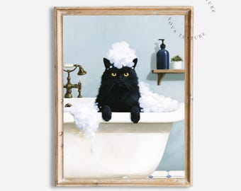 Black Cat Bathroom Wall Art, Cat Bath Print, Funny Bathroom Decor, Black Cat Artwork, Bathroom Animal Print