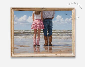 Coastal Cowgirl Print, Pink Cowboy Boots Wall Art, Beach Couple Decor, Western Ocean Painting, Coastal Romance Art