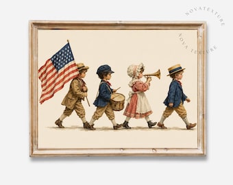 Patriotic Children Parade Print, Vintage Americana Wall Art, 4th of July Decor, American Flag Artwork, Grandmillennial Print