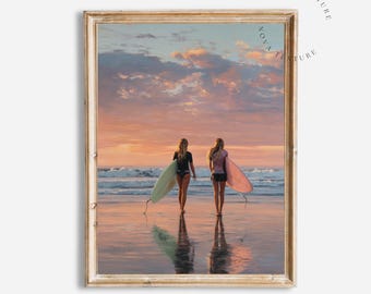 Surf Wall Art Printable, Surfer Girl Beach Print, Sunset Ocean Painting, Coastal Wall Decor, Surfing Art
