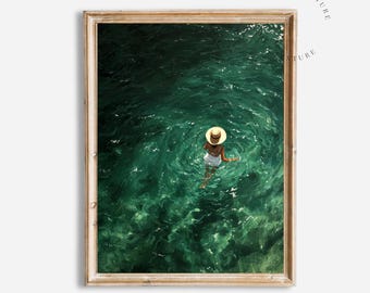 Swimming in Green Abstract Print, Vintage Retro Minimalist Green Wall Art, Swimmer Painting