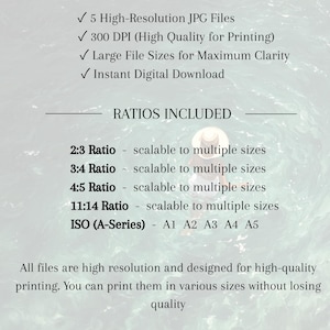 May include: A digital download information sheet with the text WHAT YOU GET, listing 5 high-resolution JPG files at 300 DPI. It details RATIOS INCLUDED: 2:3, 3:4, 4:5, 11:14, and ISO A-Series sizes A1 through A5, noting all files are high resolution.