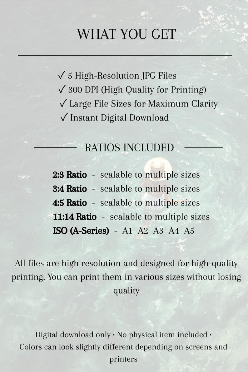 May include: A digital download information sheet with the text WHAT YOU GET, listing 5 high-resolution JPG files at 300 DPI. It details RATIOS INCLUDED: 2:3, 3:4, 4:5, 11:14, and ISO A-Series sizes A1 through A5, noting all files are high resolution.