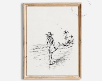 Cowgirl Surfer Sketch Print, Western Surf Wall Art, Coastal Cowgirl Decor, Beach House Artwork