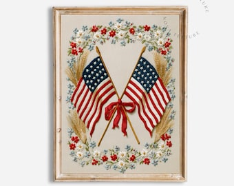 Embroidered American Flag Wall Art, Patriotic Floral Decor, Fourth of July Printable, Vintage Americana Artwork, Folk Art Print