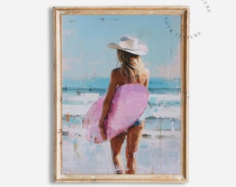 Coastal Cowgirl Print, Pink Surfboard Wall Art, Beach Cowgirl Decor, Coastal Western Art, Summer Ocean Painting