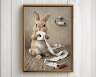 Funny Bunny Bathroom Wall Art, Rabbit Toilet Paper Print, Quirky Bathroom Decor, Cute Animal Poster