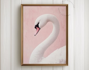 Swan Wall Art Printable, Swan Painting Print, Soft Pink Decor, Elegant Bird Artwork, Minimalist Wall Art