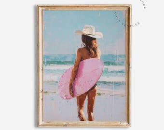 Coastal Cowgirl Print, Pink Surfboard Wall Art, Beach Cowgirl Decor, Surfer Girl Painting, Summer Ocean Art