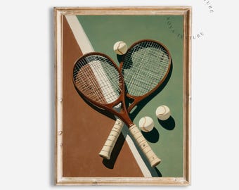 Tennis Wall Art Printable, Vintage Tennis Racket Print, Tennis Court Painting, Sports Wall Decor, Tennis Lover Gift