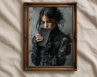 Dark Academia Wall Art Printable, Gothic Woman with Book Print, Moody Portrait Print, Book Lover Wall Decor