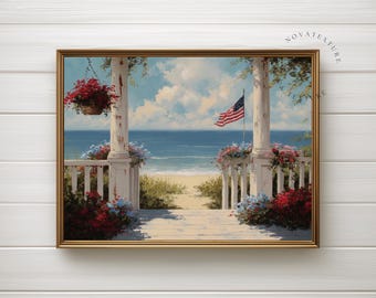 4th of July Wall Art Print, American Flag Coastal Decor, Patriotic Beach House Printable, USA Ocean Painting