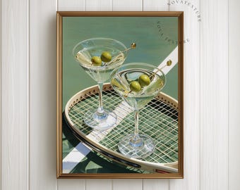 Martini Wall Art Printable, Summer Cocktail Painting, Tennis Club Decor, Olive Martini Coastal Wall Art, Preppy Summer Fine Art