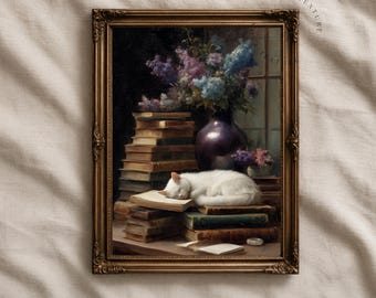 Cat Wall Art Printable, Sleeping White Cat Print, Cozy Library Decor, Cottagecore Wall Art, Floral Oil Painting Print