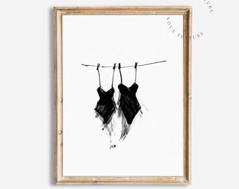 Black Swimsuit Print, Swimsuit Clothesline Wall Art, Coastal Bathroom Decor, Beach House Artwork, Bathing Suit Print