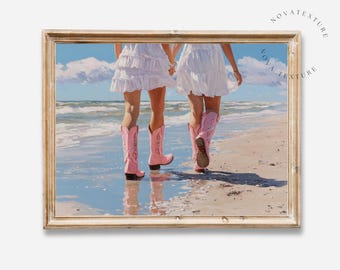 Coastal Cowgirl Wall Art Printable, Pink Cowboy Boots Print, Beach Cowgirl Painting, Coastal Western Decor