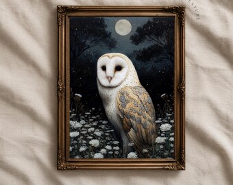 Barn Owl Wall Art Printable, Owl Moon Print, Moody Forest Wall Art, Night Owl Decor, Vintage Owl Print
