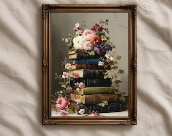 Vintage Book Wall Art Printable, Floral Stack of Books Print, Book Lover Decor, Library Wall Art