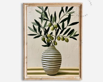 Minimalist Olive Branch Wall Art, Olive Vase Print, Mediterranean Decor, Textured Oil Painting, Neutral Wall Art