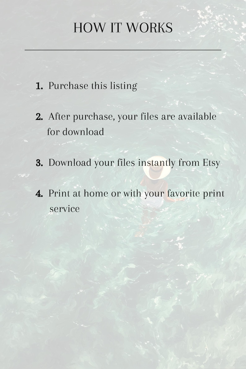 May include: An informational graphic titled HOW IT WORKS with a horizontal line and four numbered steps: 1. Purchase this listing, 2. After purchase, your files are available for download, 3. Download your files instantly from Etsy, 4. Print at home.