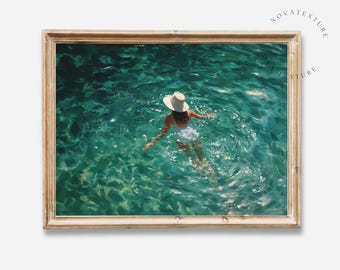 Swimming in Blue Abstract Print, Vintage Retro Minimalist Coastal Wall Art, Swimmer Painting