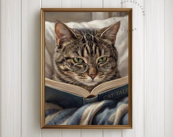 Cat Reading Book Wall Art Printable, Cozy Literary Cat Print, Book Lover Decor, Vintage Oil Painting Style