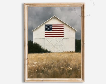 American Flag Barn Print, Patriotic Farmhouse Wall Art, 4th of July Decor, Americana Country Painting, Rustic Barn Artwork