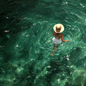 May include: An oil painting depicting a figure wearing a wide-brimmed straw hat and a white swimsuit, partially submerged in deep emerald green water. The surface of the water shows textured brushstrokes and light reflections in shades of teal.